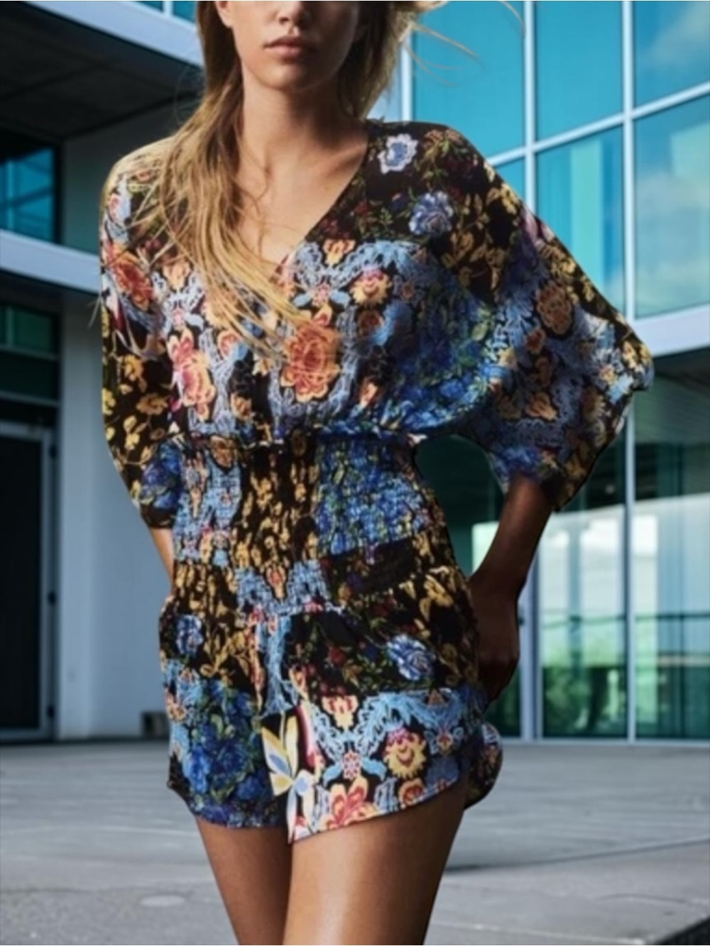 Zara Boho Multicolor Patchwork Print Smocked Romper Size M